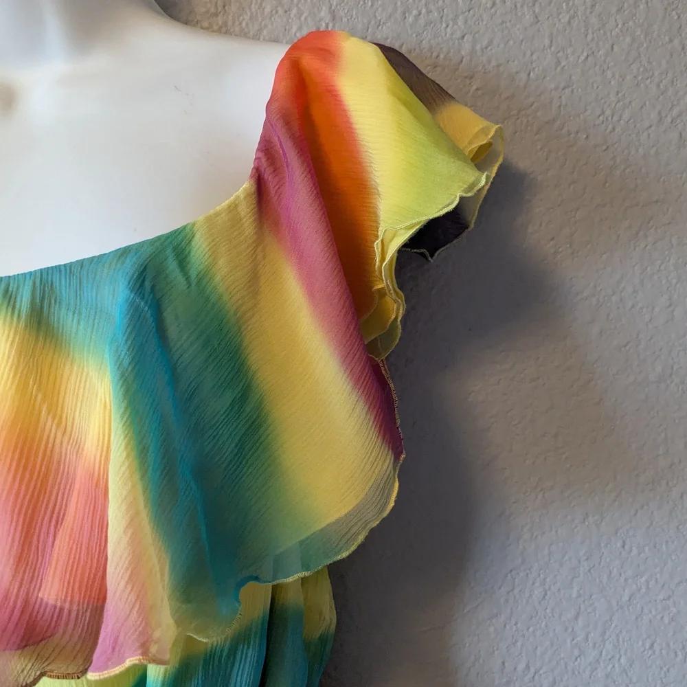💥SALE💥 Alice + Olivia Vibrant Multicolor Rainbow Ruffle Dress 100% Silk Sz. M - Picture 6 of 13